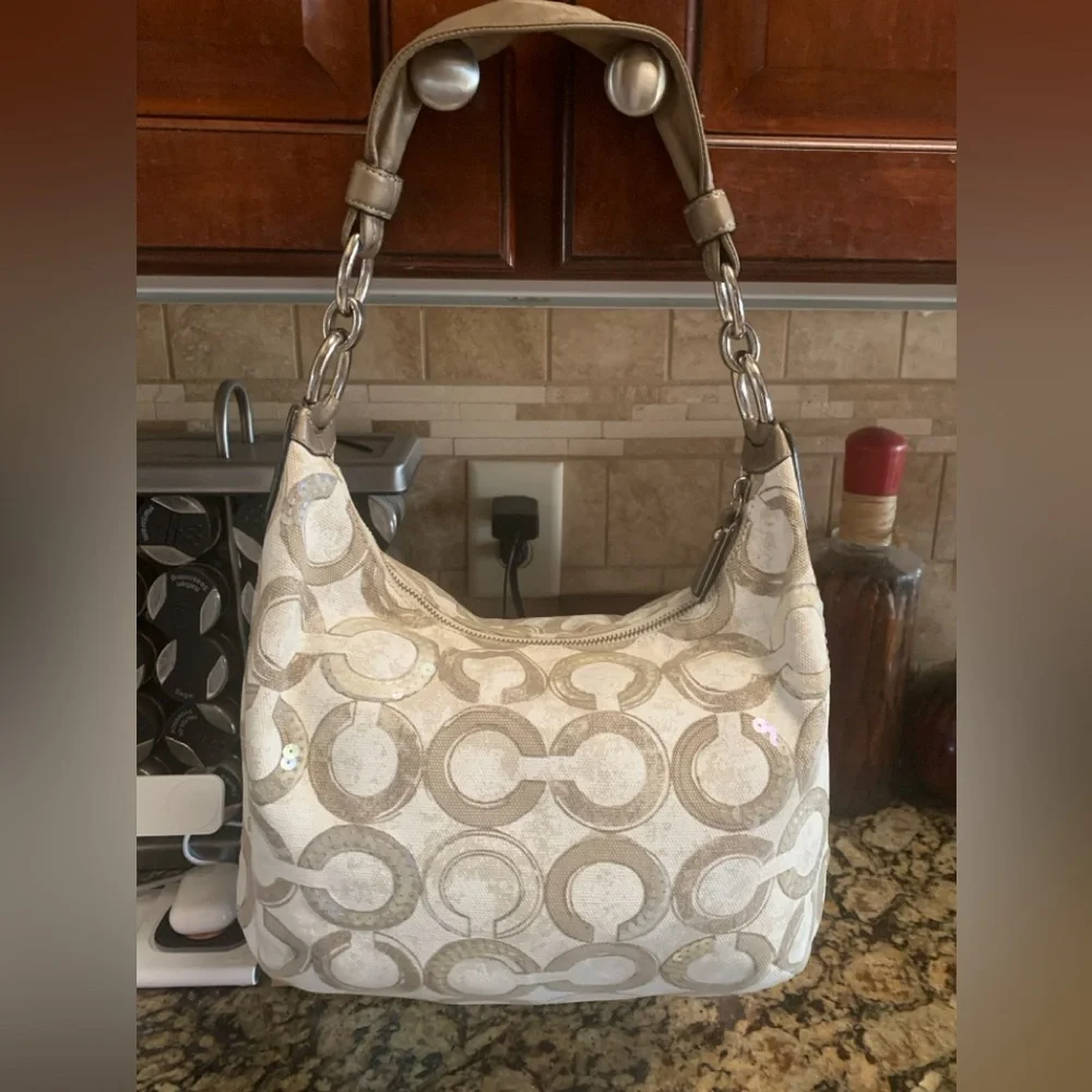 Coach Beige and Cream Double C Patterned Shoulder Bag - Picture 10 of 13